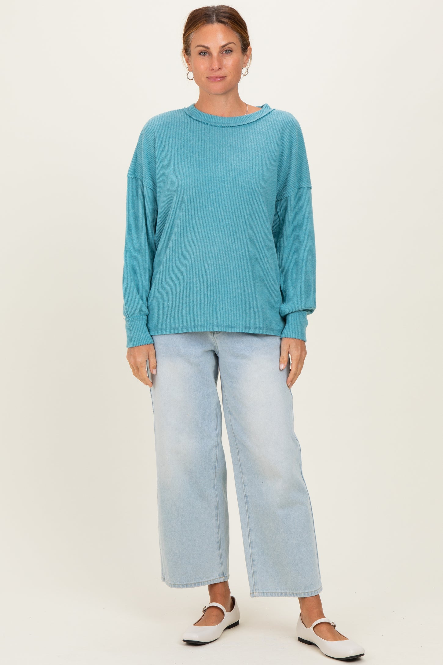 Dusty Teal Brushed Ribbed Knit Pullover