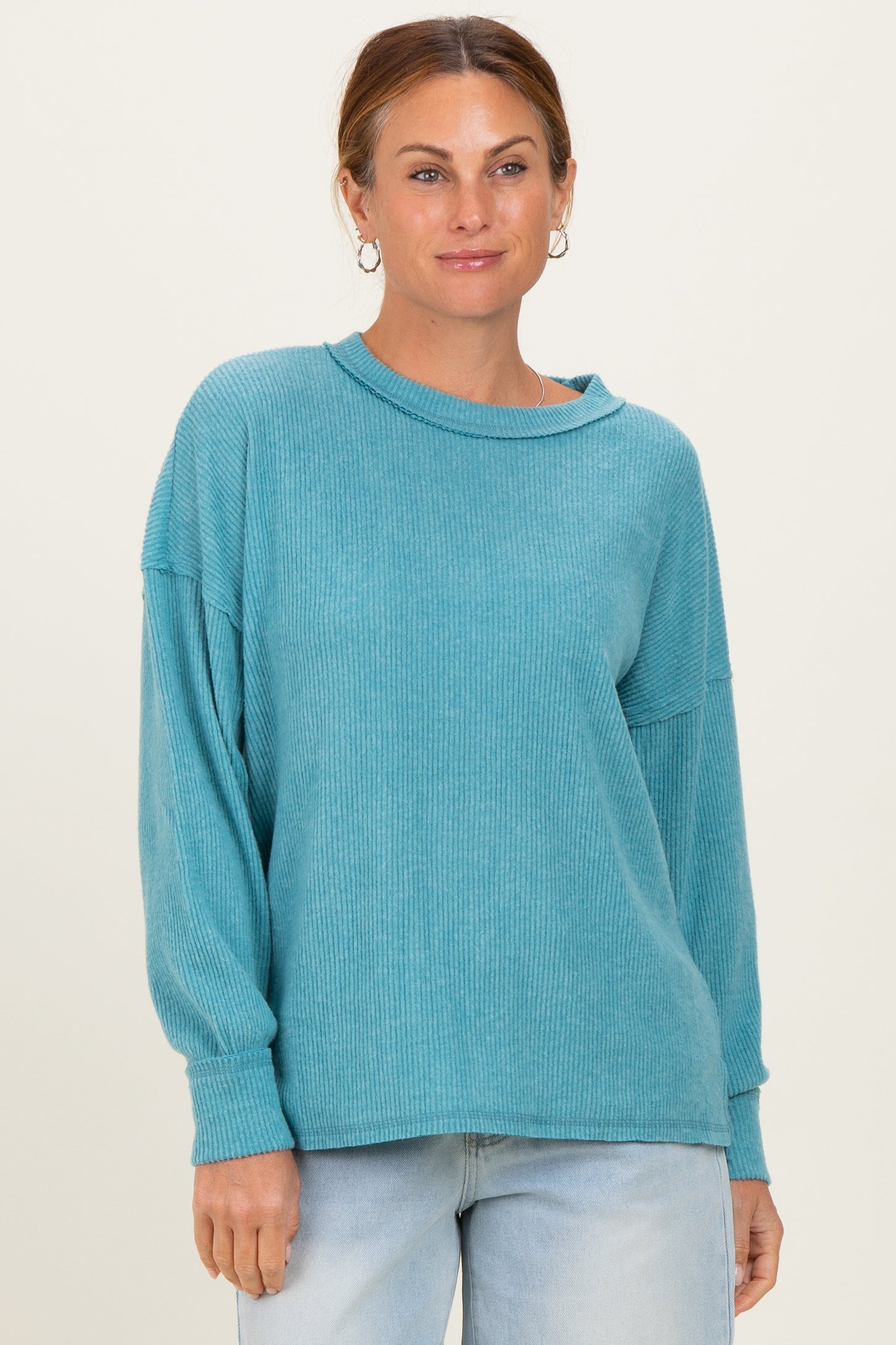 Dusty Teal Brushed Ribbed Knit Pullover