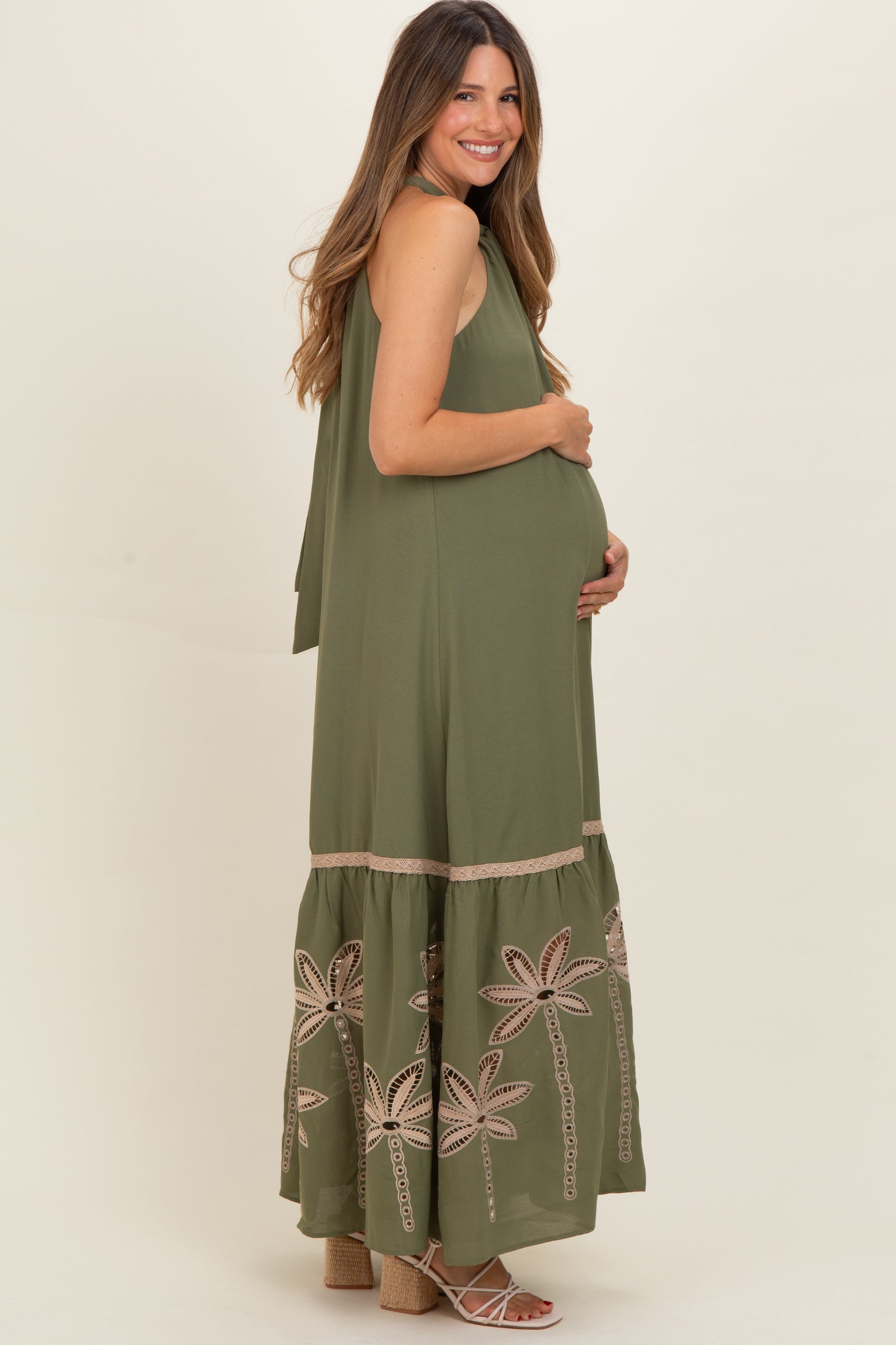 Olive Embroidered Halter Maternity Maxi Dress