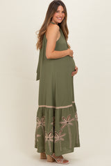 Olive Embroidered Halter Maternity Maxi Dress
