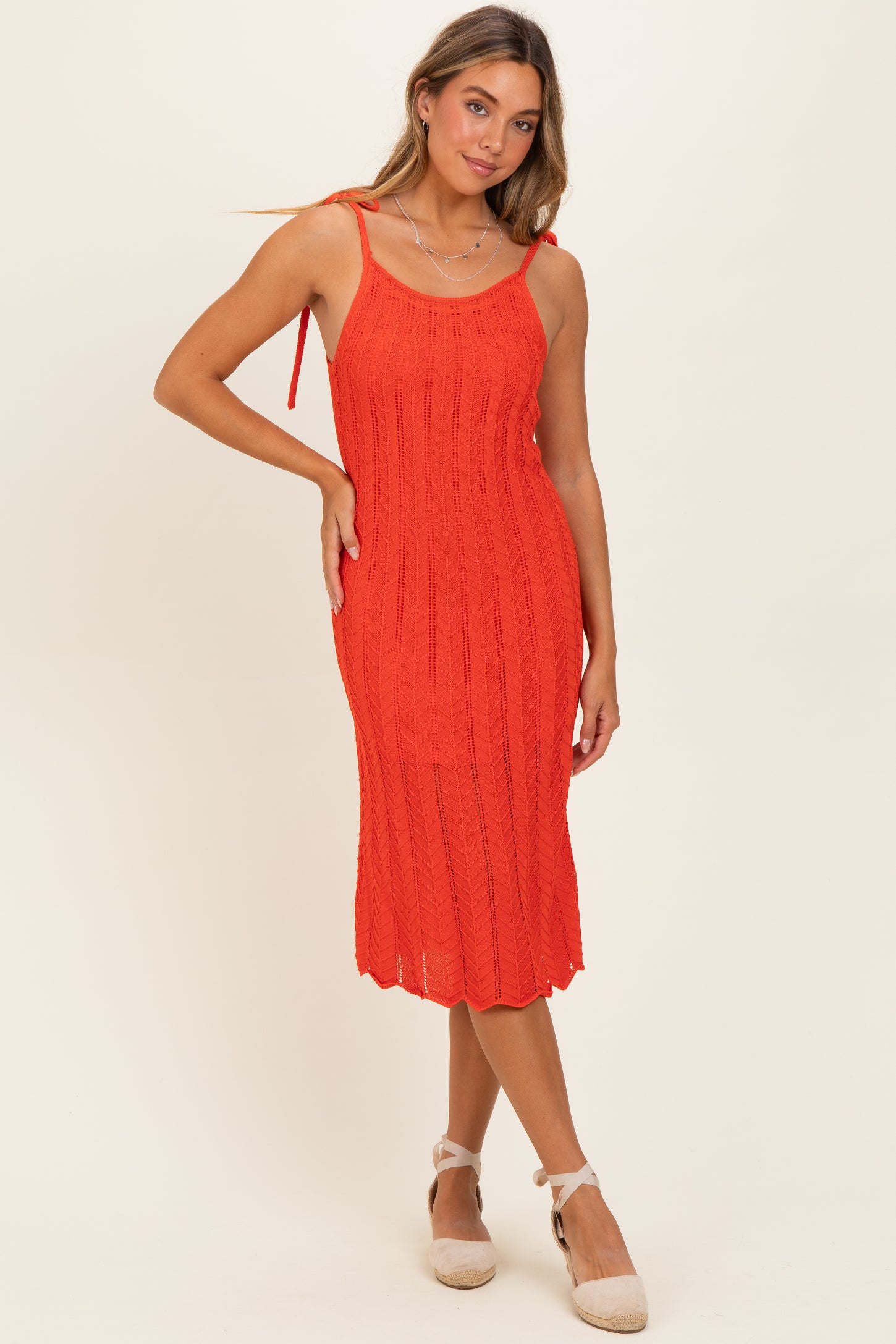 Red Orange Tied Shoulder Strap Maternity Midi Dress