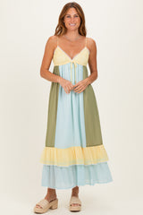 Light Blue Colorblock Tiered Ruffle Maternity Maxi Dress