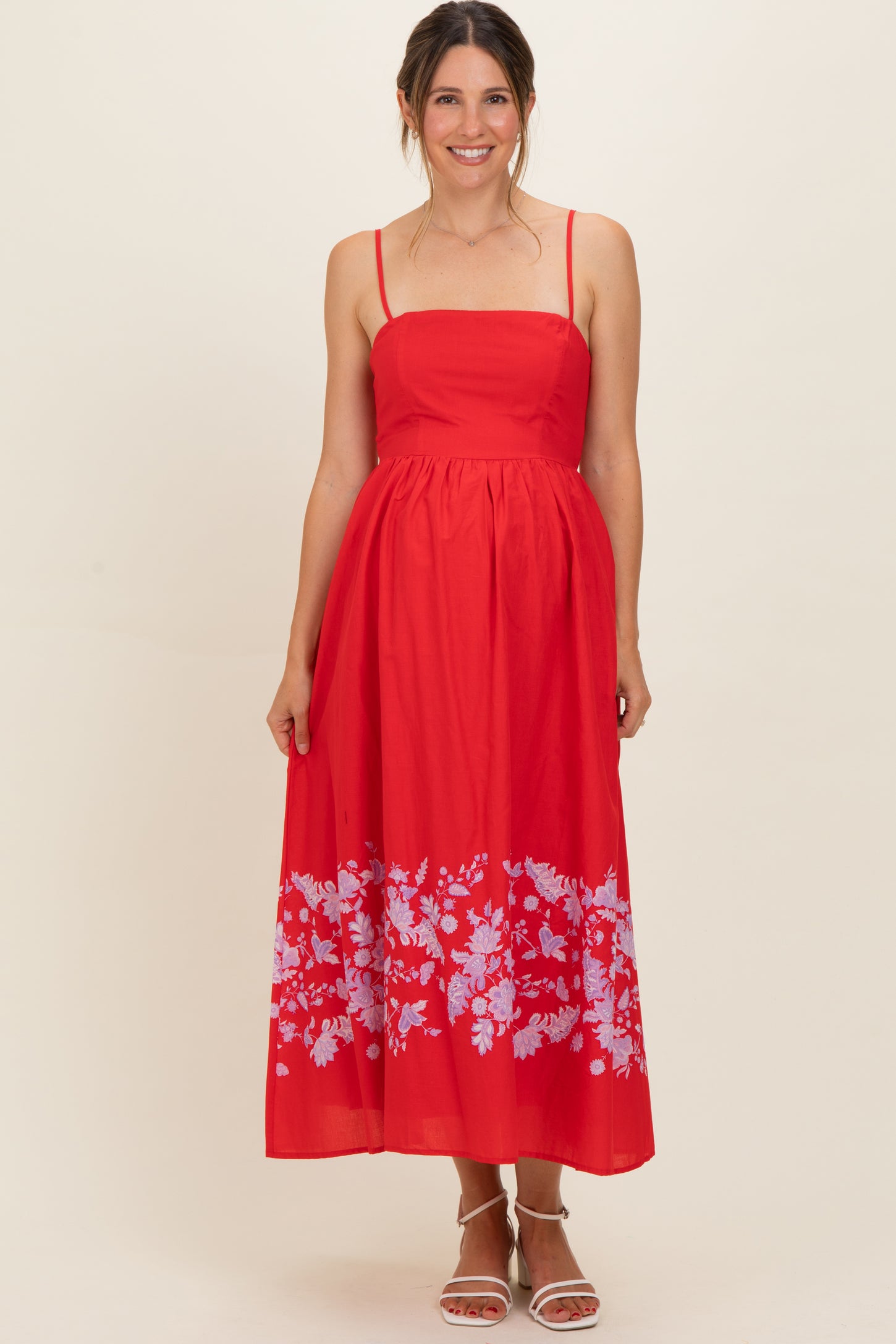 Red Floral Print Maternity Midi Dress