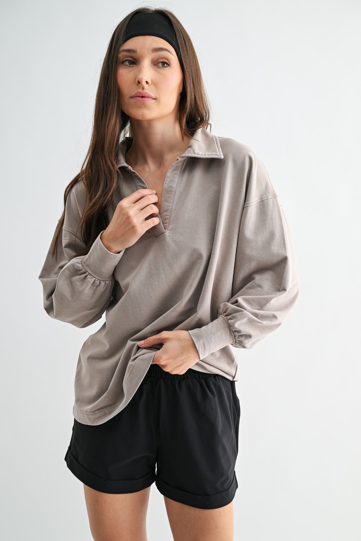 Taupe Sunfade Cotton Collared Long Sleeve Maternity Top