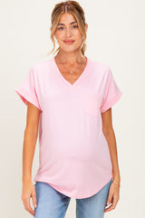 Light Pink V-Neck Pocket Short Sleeve Maternity Shirt