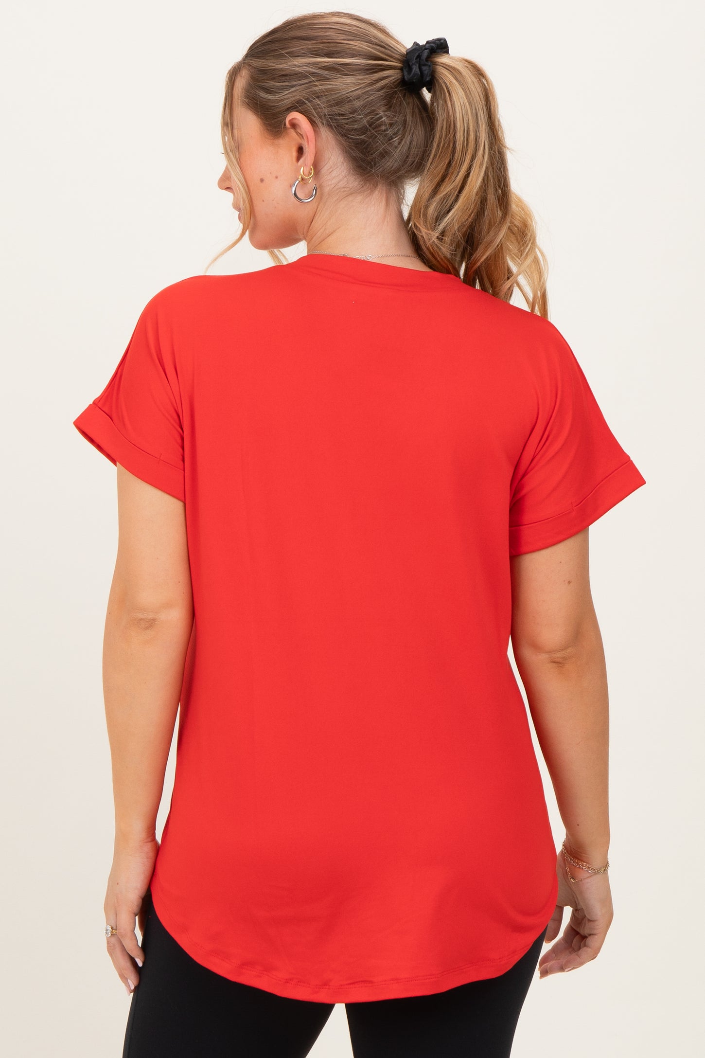 Red V-Neck Pocket Short Sleeve Maternity Shirt