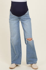 Light Blue Distressed Open Knee Maternity Wide Leg Jeans