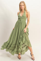 Sage Halter Neck Smocked Maternity Maxi Dress