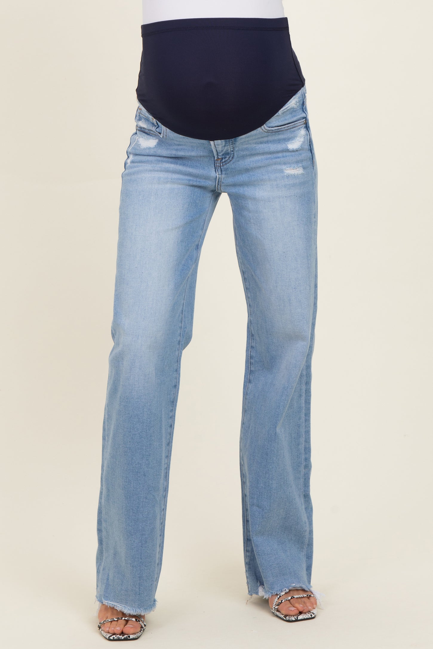 Light Blue Distressed Fringe Hem Wide Leg Maternity Jeans