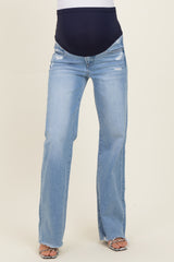 Light Blue Distressed Fringe Hem Wide Leg Maternity Jeans