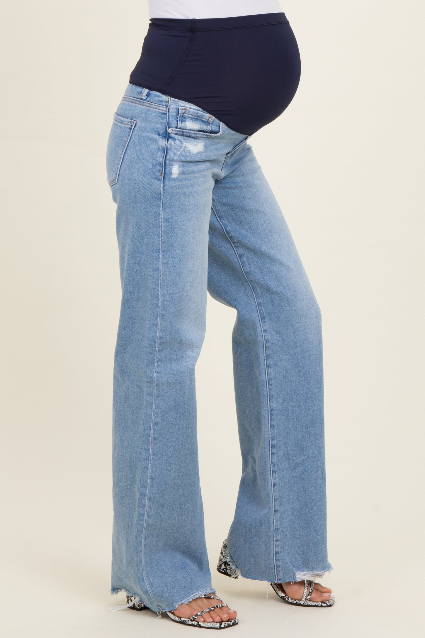 Light Blue Distressed Fringe Hem Wide Leg Maternity Jeans