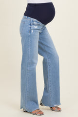Light Blue Distressed Fringe Hem Wide Leg Maternity Jeans