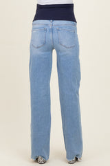 Light Blue Distressed Fringe Hem Wide Leg Maternity Jeans