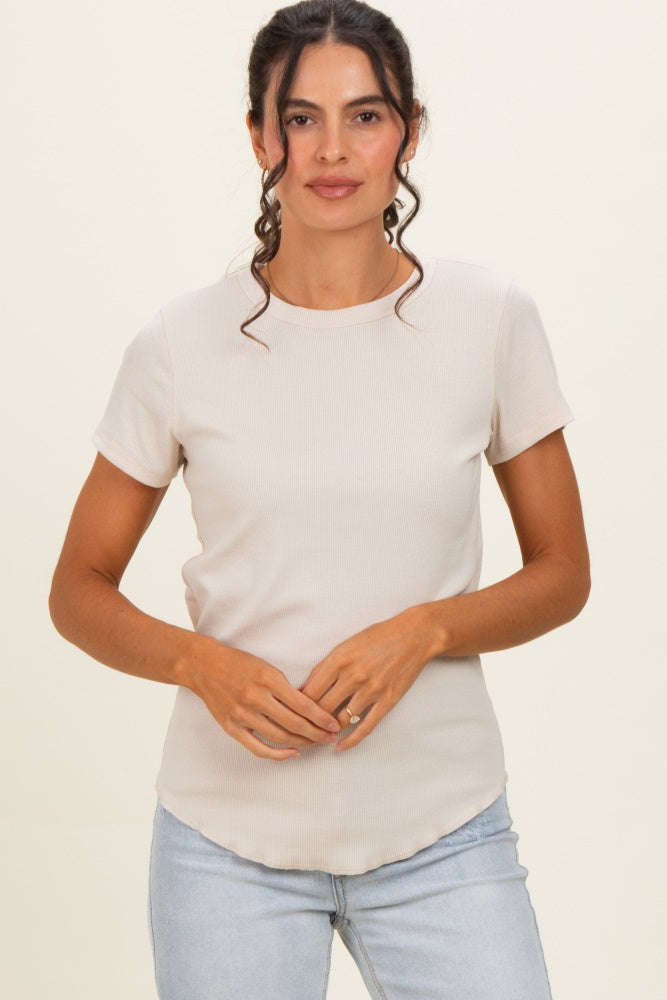 Oat Ribbed Short Sleeve Curved Hem Top