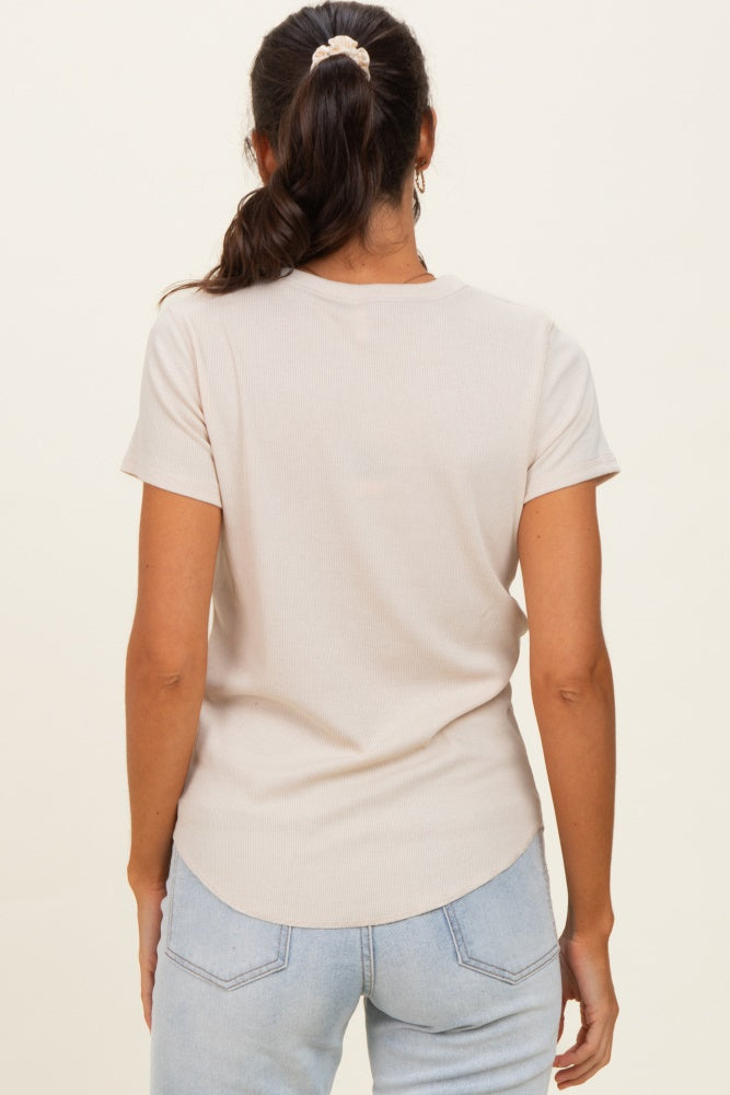 Oat Ribbed Short Sleeve Curved Hem Top