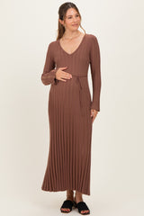 Brown Ribbed Maternity Knit Maxi Dress