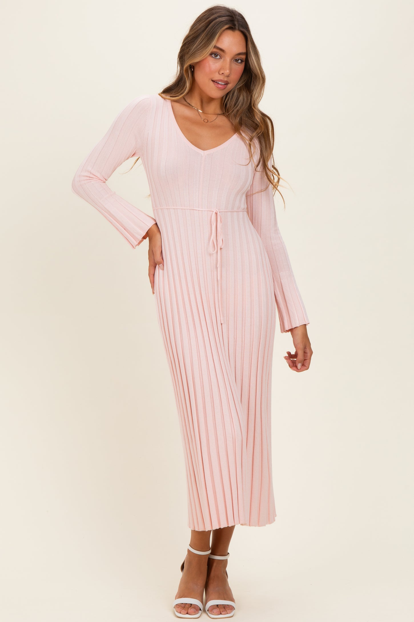Light Pink Ribbed Maternity Knit Maxi Dress