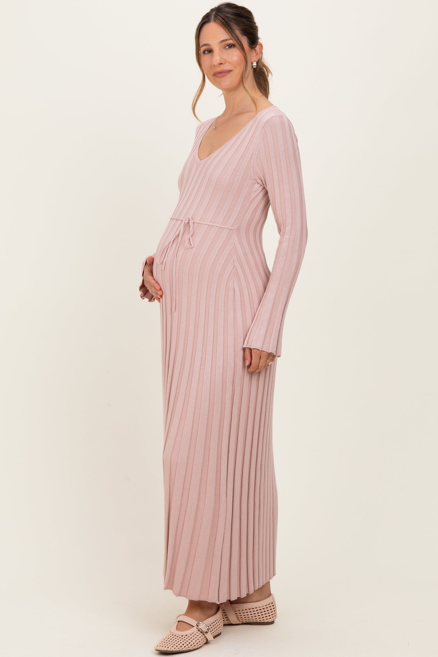 Mauve Ribbed Maternity Knit Maxi Dress