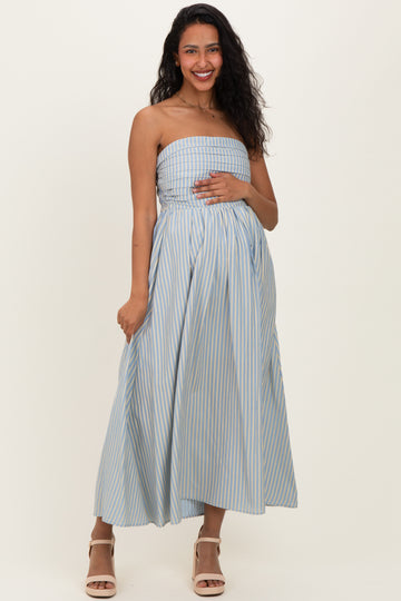 Light Blue Striped Strapless Maternity Maxi Dress