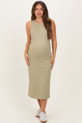 Light Olive Ribbed Maternity Tank Midi Dress