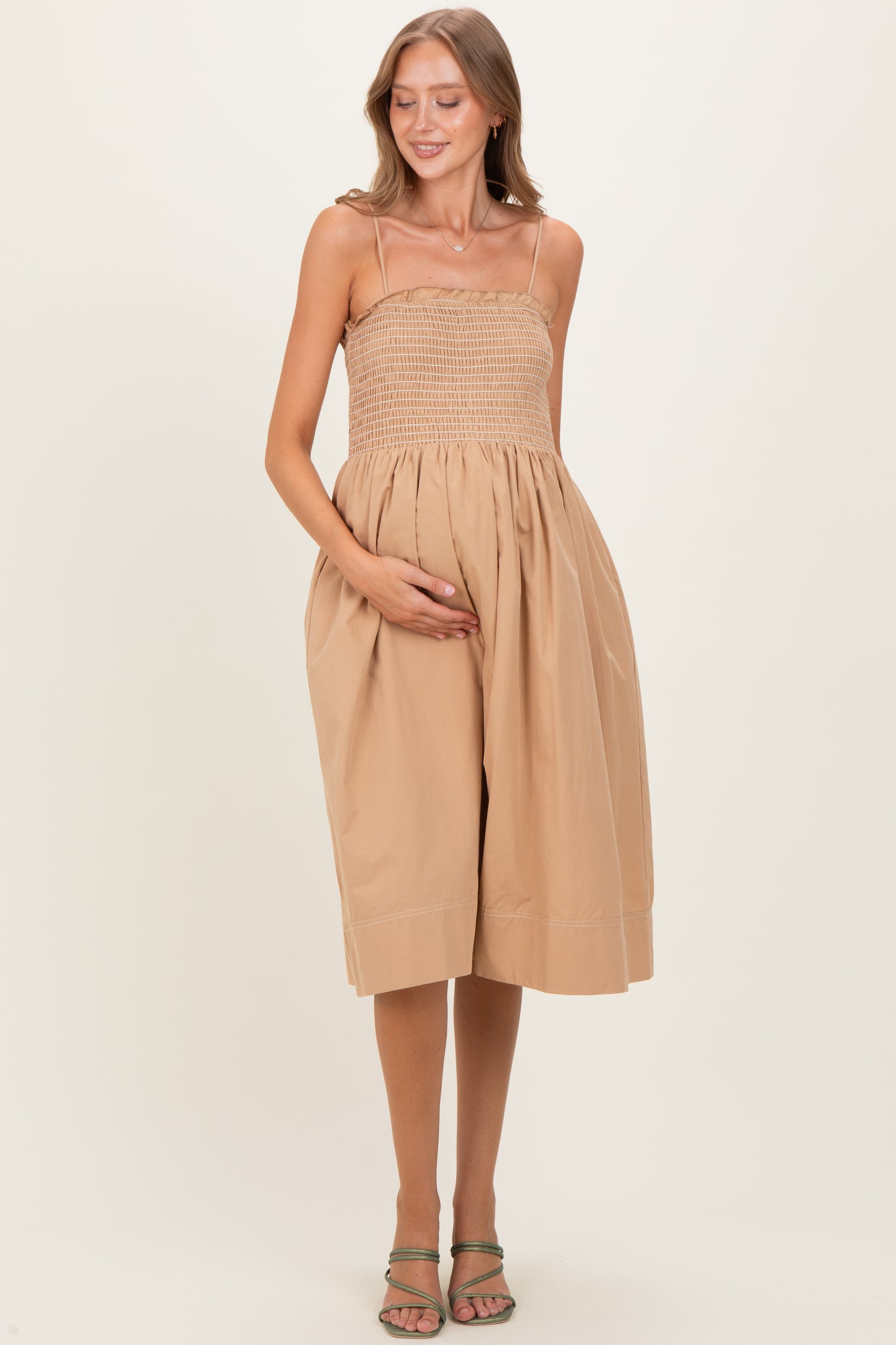 Light Taupe Shoulder Tie Smocked Maternity Midi Dress