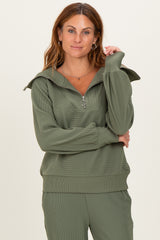 Light Olive Ribbed High Neck Half Zip Pullover Pant Set