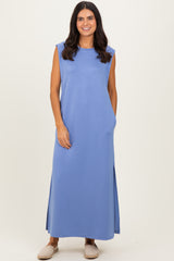 Light Blue Sleeveless Side Slit Maternity Midi Dress