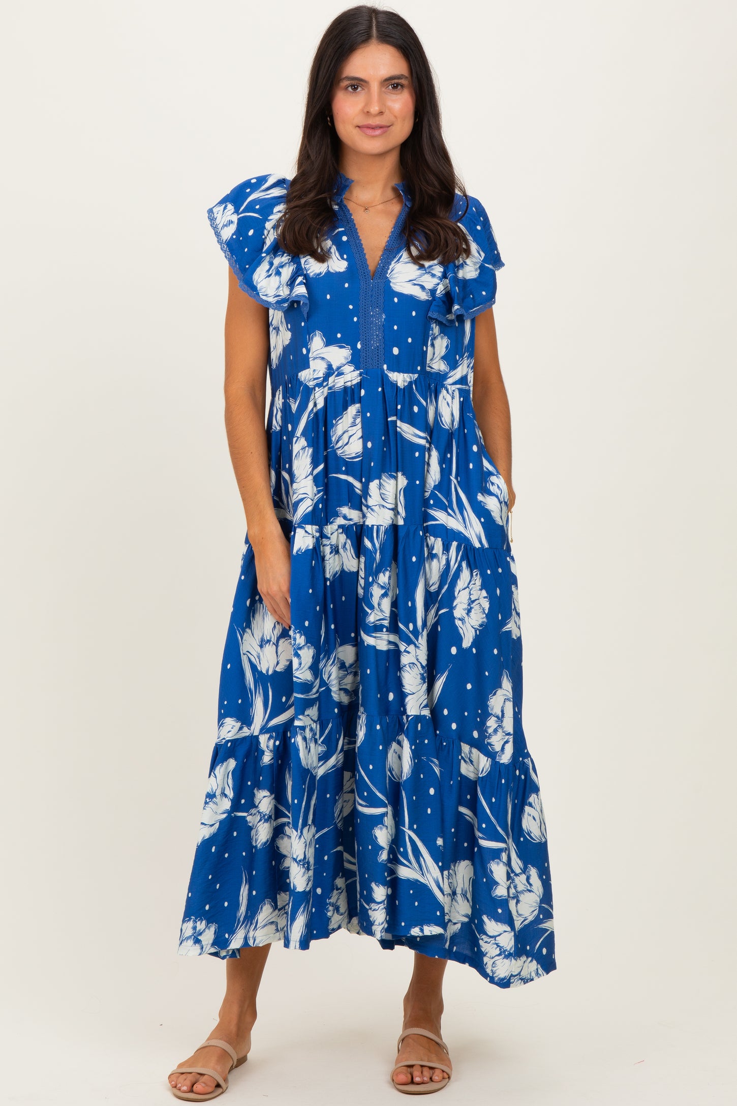 Royal Blue Floral Crochet Lace Accent Midi Dress