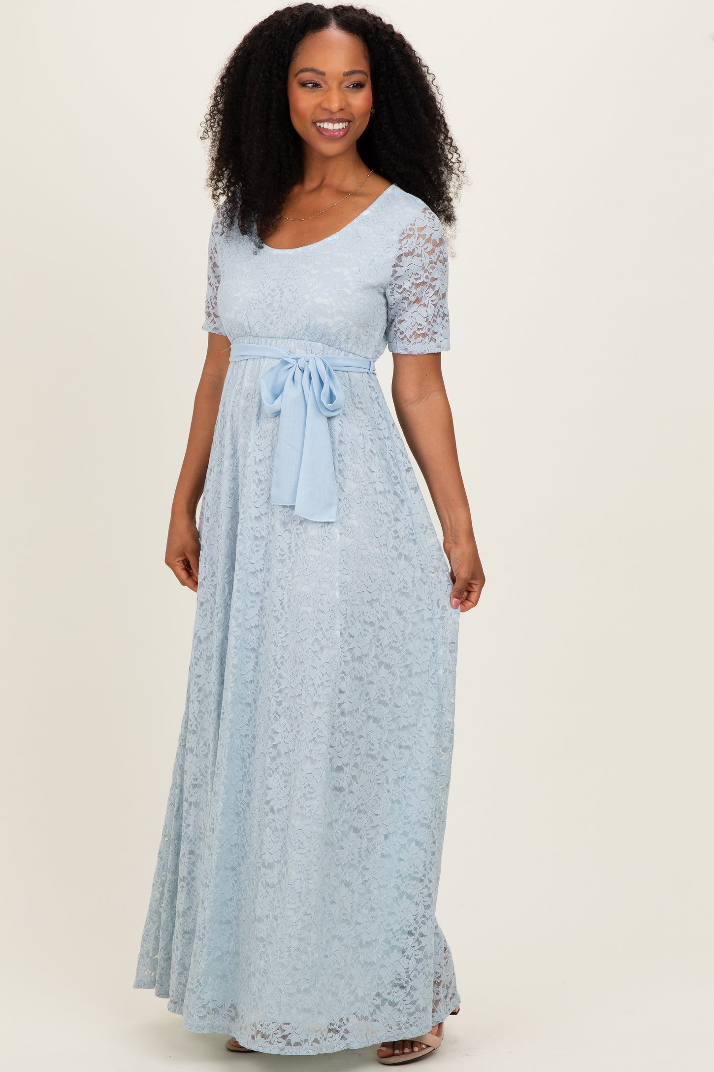 Light Blue Lace Sash Tie Gown