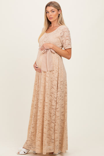 Mocha Lace Sash Tie Maternity Gown