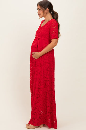 Red Lace Sash Tie Maternity Gown