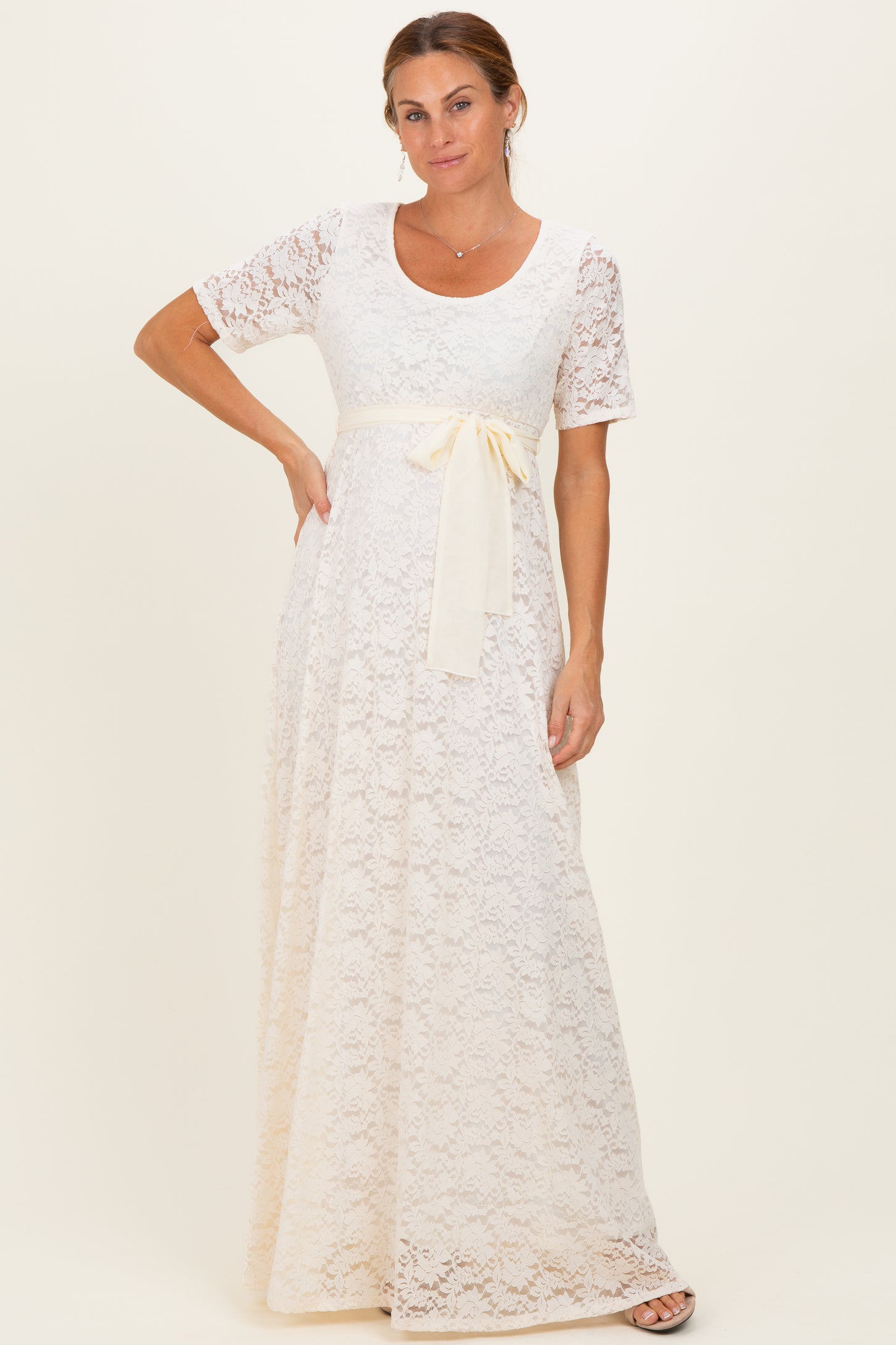 Ivory Lace Sash Tie Gown