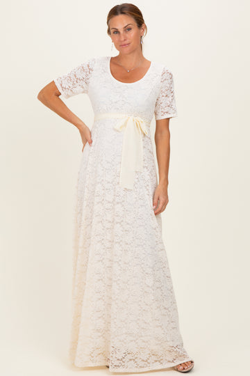 Ivory Lace Sash Tie Gown