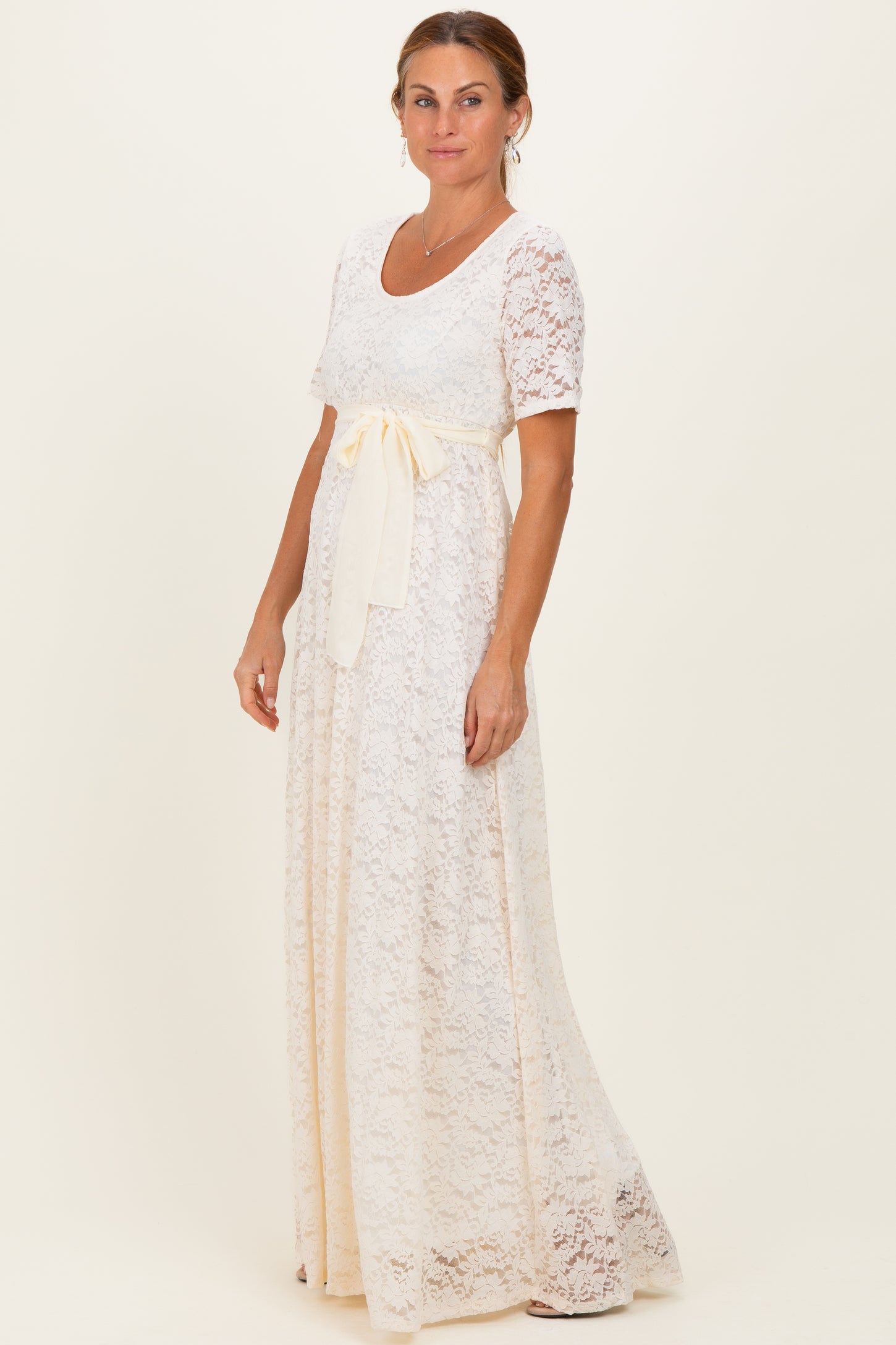 Ivory Lace Sash Tie Gown