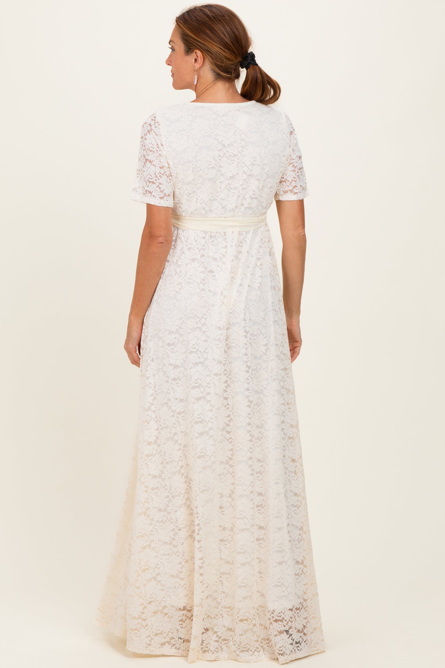 Ivory Lace Sash Tie Gown