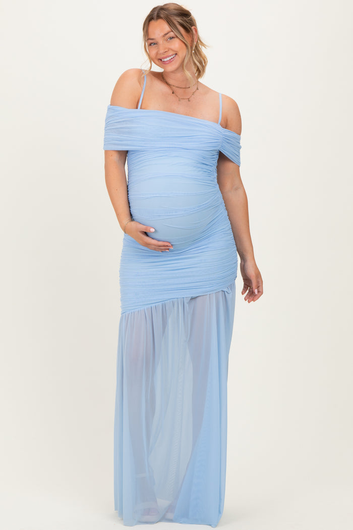 Baby Blue Ruched Mesh Off Shoulder Maternity Maxi Dress
