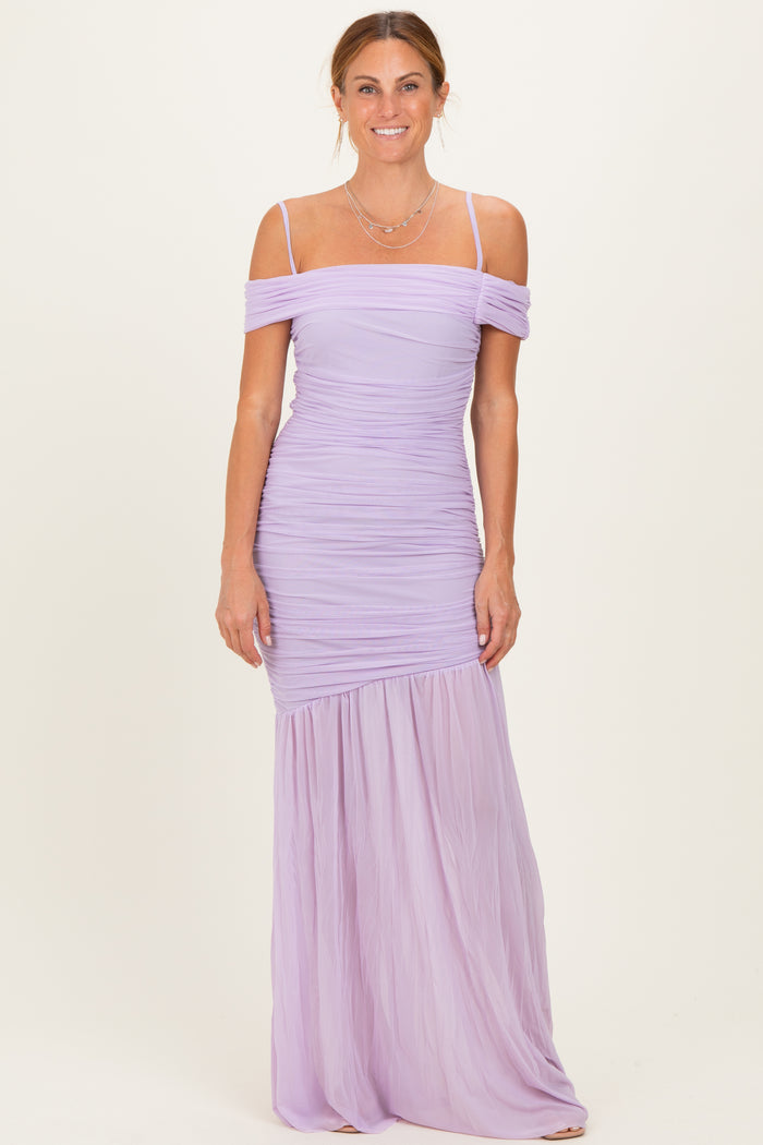 Lavender Ruched Mesh Off Shoulder Maternity Maxi Dress