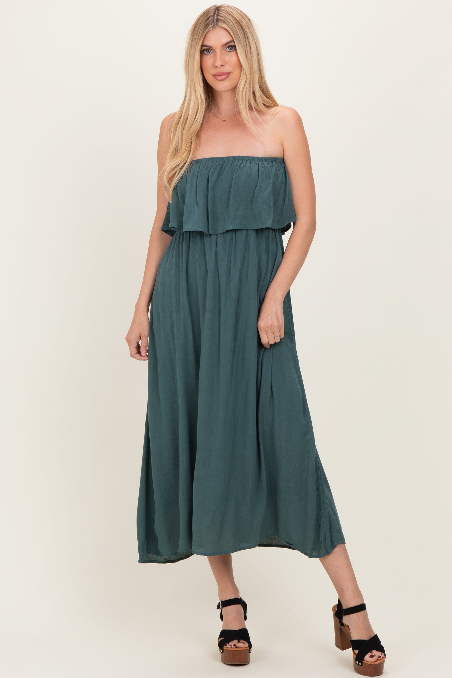 Ash Jade Woven Crinkle Flounce Strapless Maxi Dress