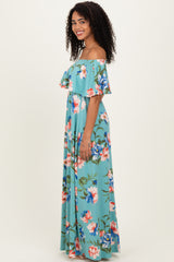 Light Blue Off Shoulder Floral Ruffle Maxi Dress
