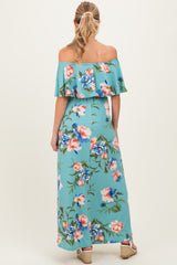 Light Blue Off Shoulder Floral Ruffle Maternity Maxi Dress