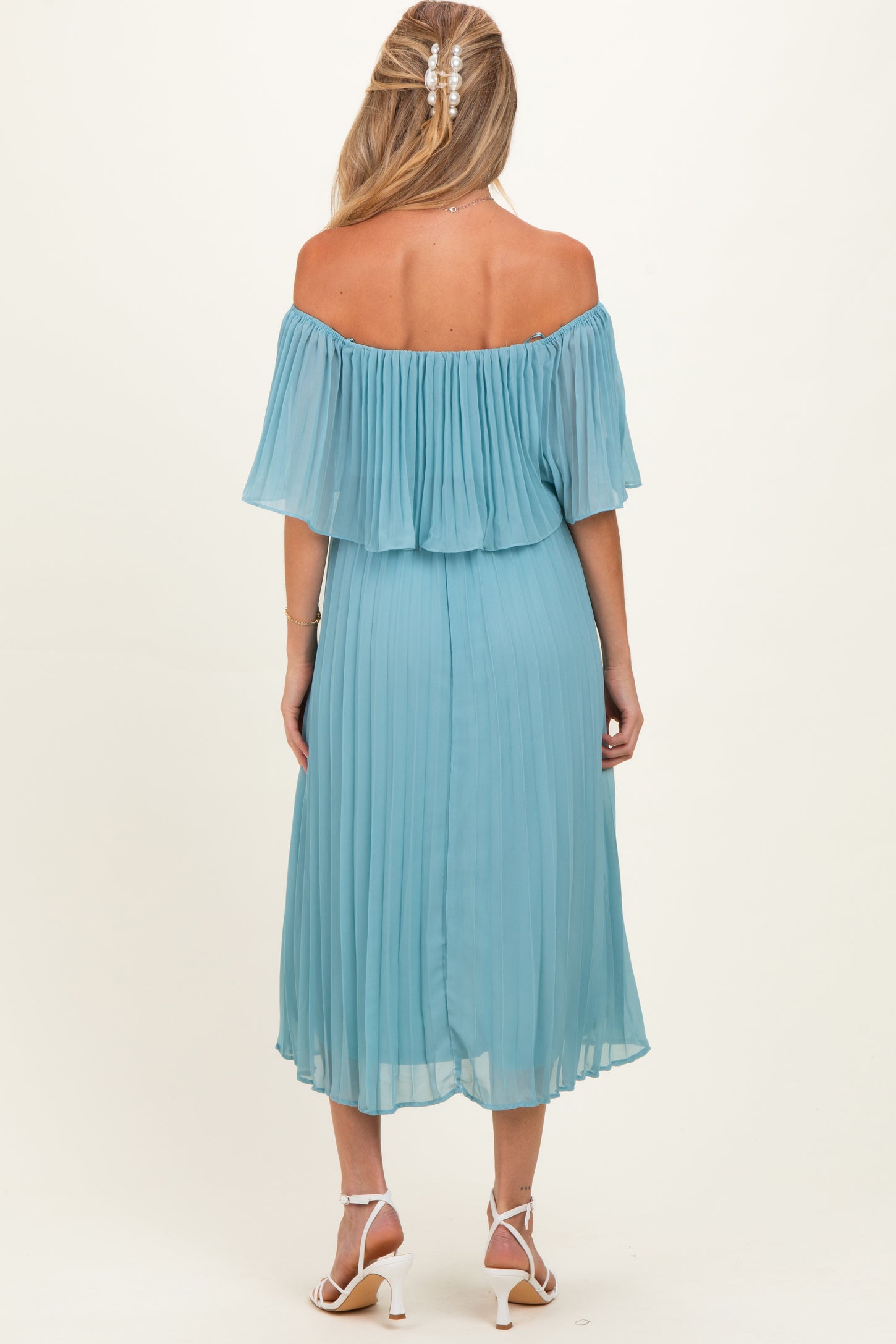 Blue Pleated Off Shoulder Flounce Maternity Midi Dress