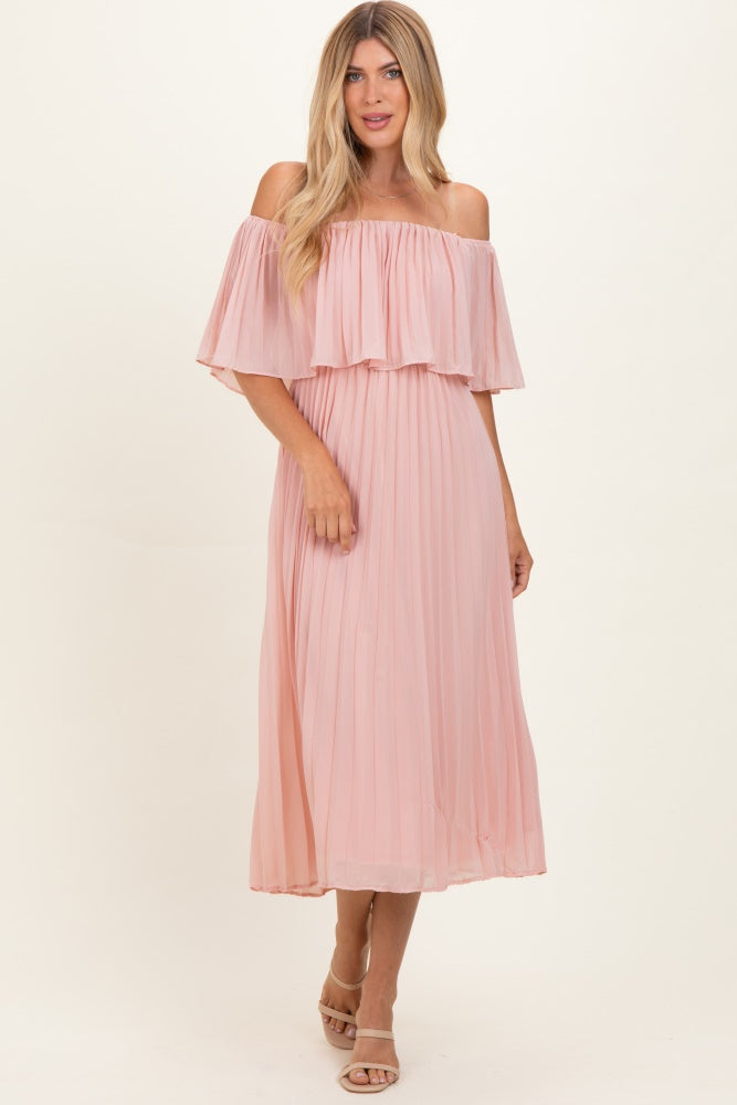 Pink Pleated Off Shoulder Flounce Midi Dress