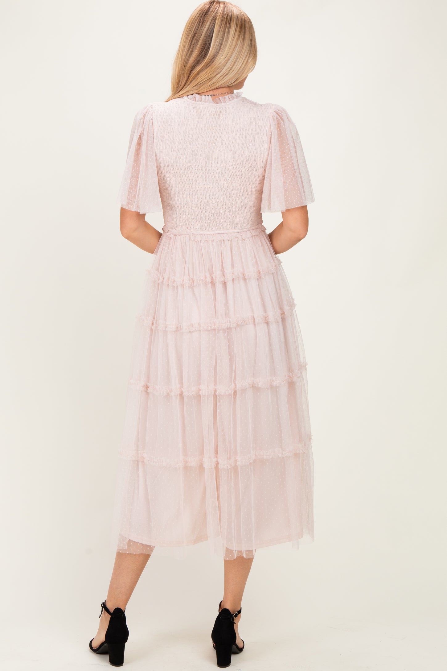 Cream Smocked Top Mesh Midi Dress