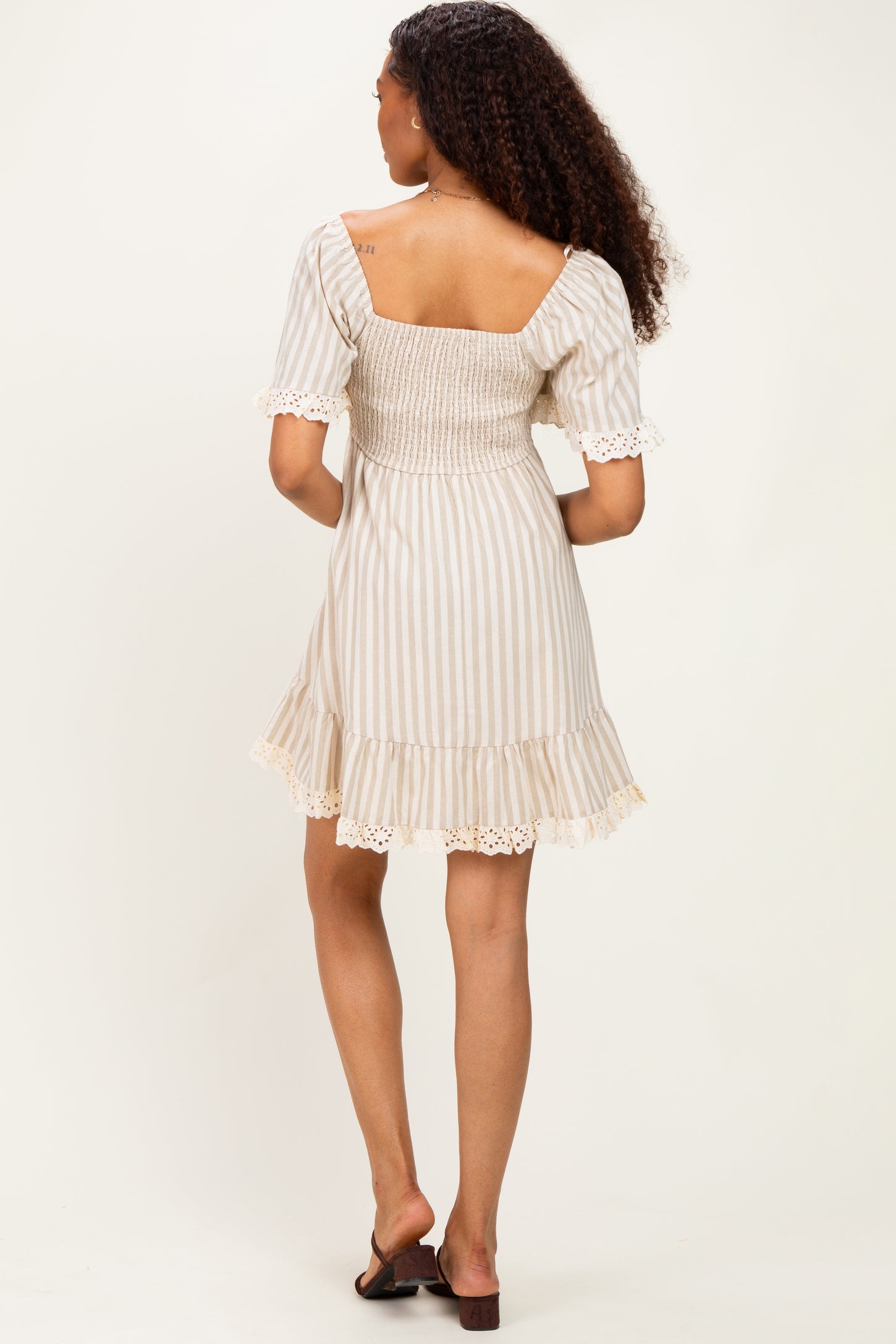 Beige Striped Smocked Lace Trim Dress