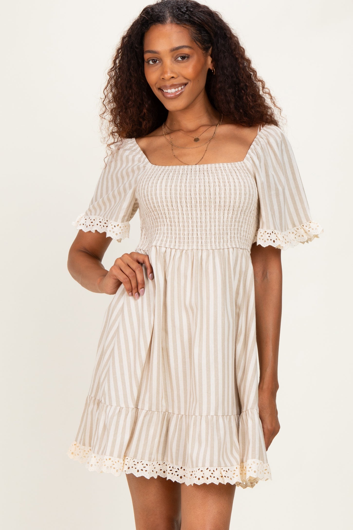 Beige Striped Smocked Lace Trim Dress