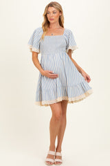 Light Blue Striped Smocked Lace Trim Maternity Dress