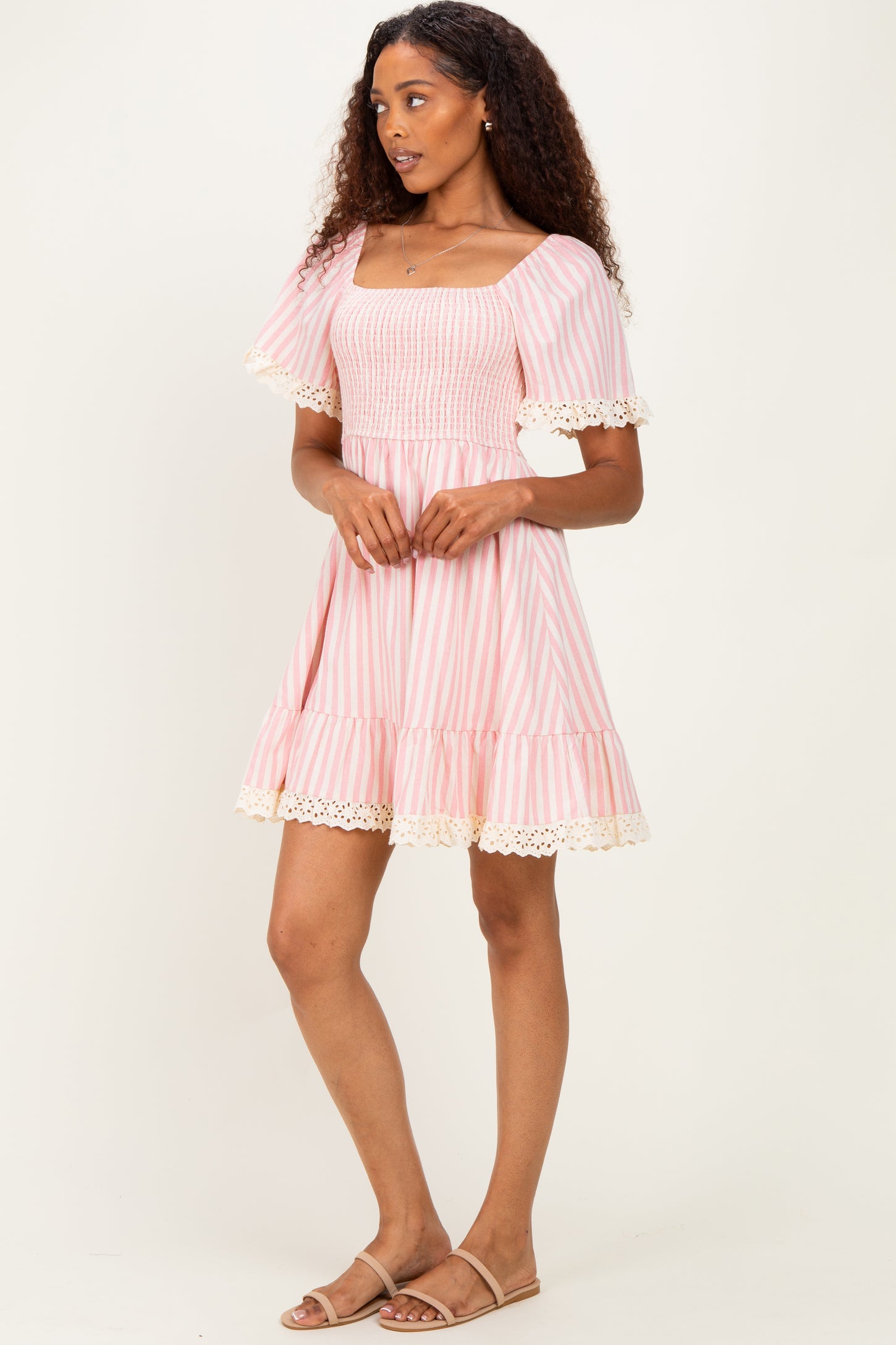 Light Pink Striped Smocked Lace Trim Dress