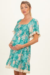 Jade Floral Smocked Lace Trim Maternity Dress