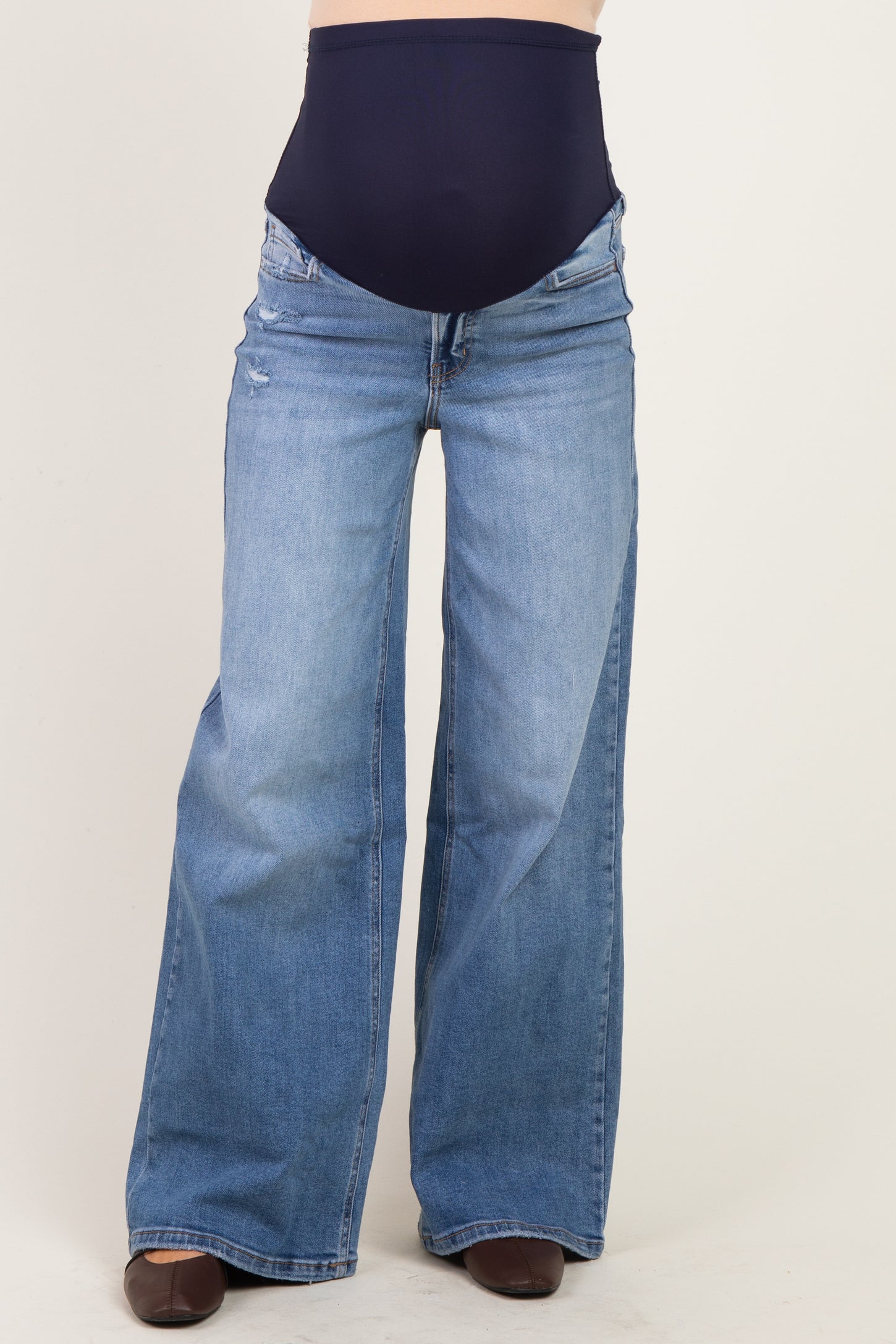 maternity wear blue wide-leg jeans with a high elastic waistband for comfort during pregnancy