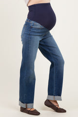 Dark Wash Maternity Dad Jean With Cuffed Hem